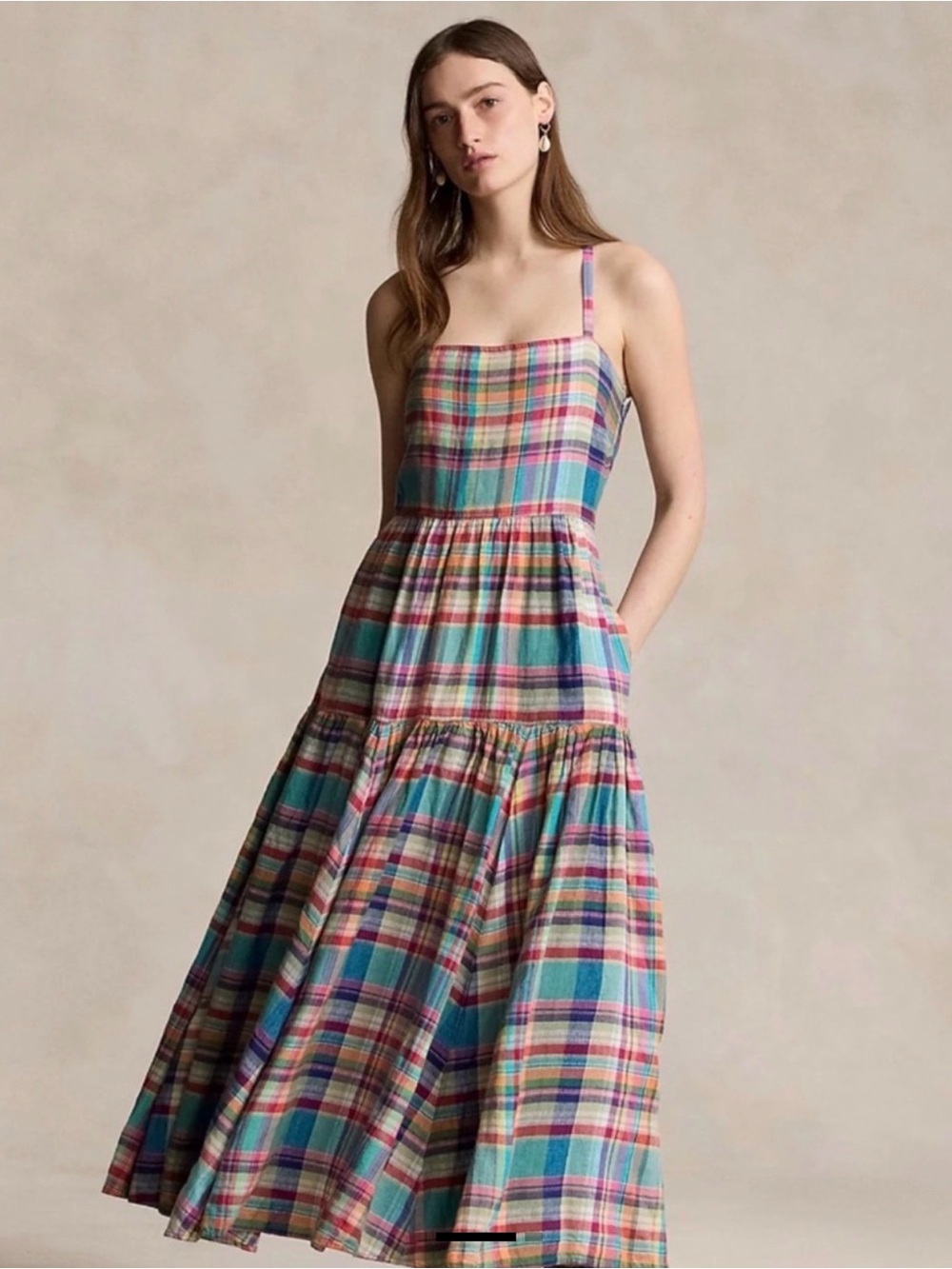 Polo Ralph Lauren Teal Plaid Madras 100% Linen Tiered Maxi Sundress Sz 6